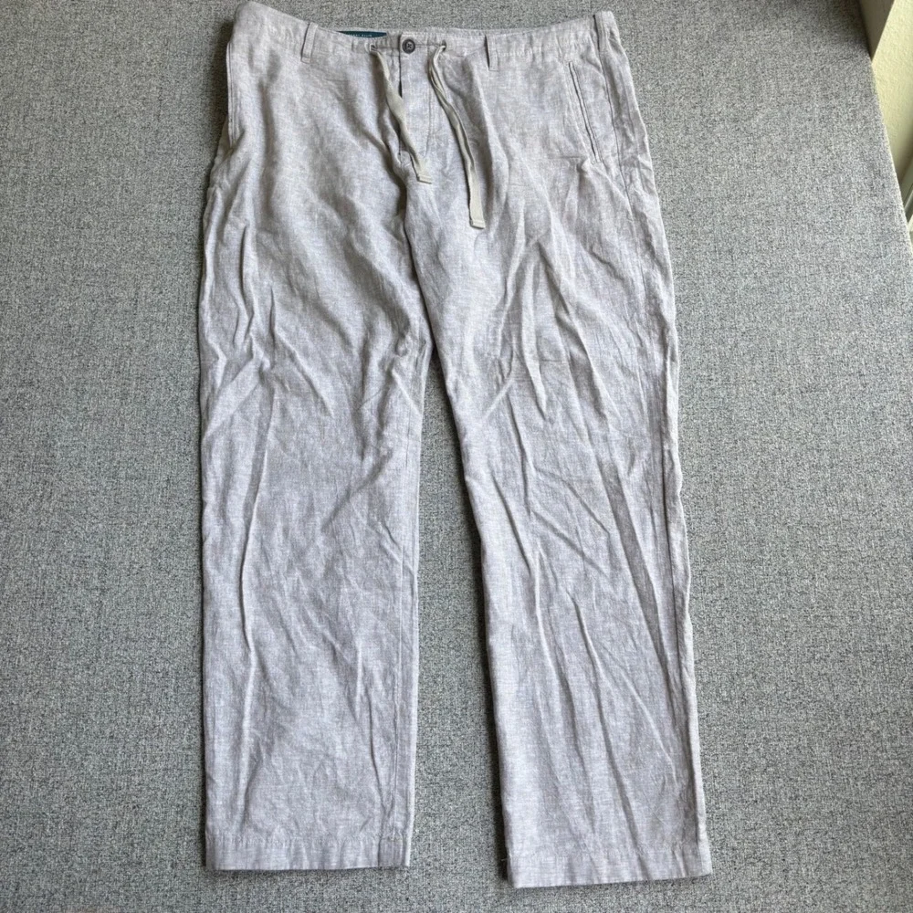Perry Ellis Pants Mens 38x32 Beige Linen Blend Drawstring Beach Wedding Straight